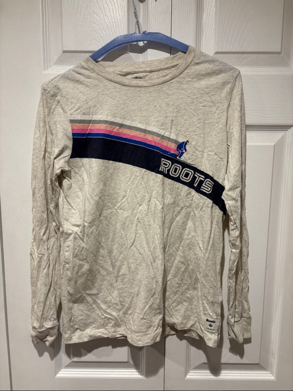 Roots Cream Long-Sleeve Tee with Navy, Pink & Blue Stripe